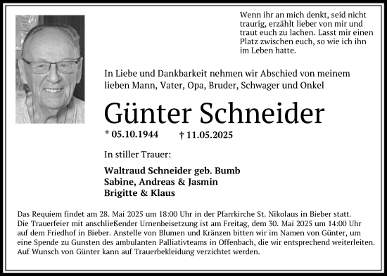 Todesanzeige von Günter Schneider von OFOP