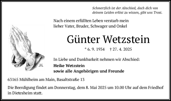 Todesanzeige von Günter Wetzstein von OF