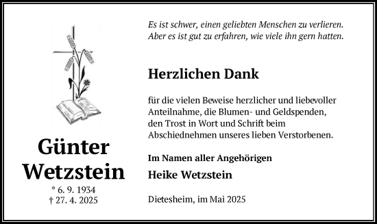 Todesanzeige von Günter Wetzstein von OFOP