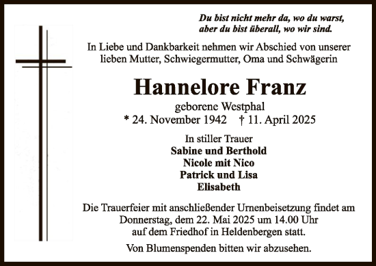 Todesanzeige von Hannelore Franz von OF