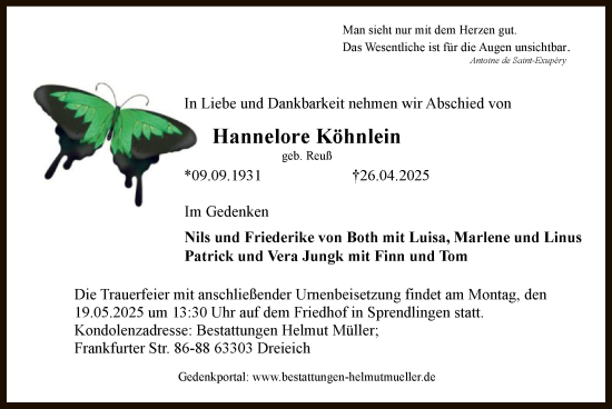 Todesanzeige von Hannelore Köhnlein von OF