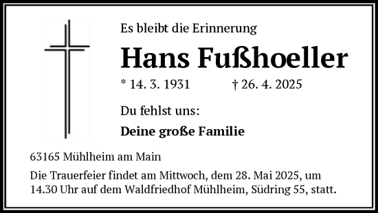 Todesanzeige von Hans Fußhoeller von OF