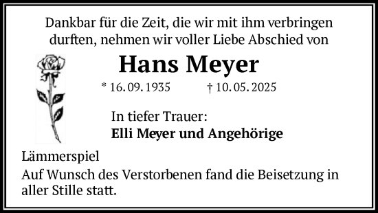 Todesanzeige von Hans Meyer von OF0T