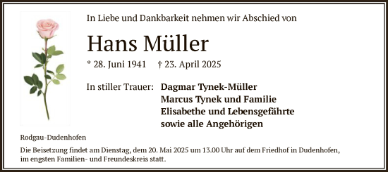 Todesanzeige von Hans Müller von OF