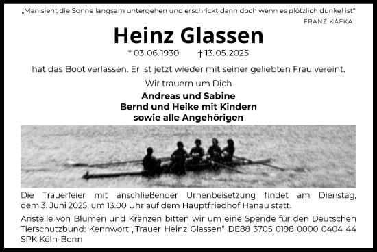 Todesanzeige von Heinz Glassen von OFHA