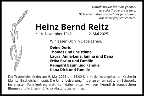 Todesanzeige von Heinz Bernd Reitz von OF