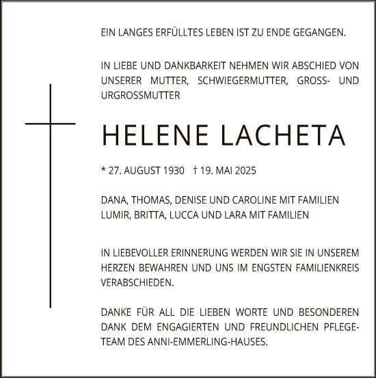 Todesanzeige von Helene Lacheta von OFOP