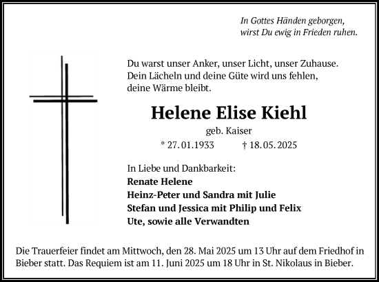 Todesanzeige von Helene Elise Kiehl von OFOP