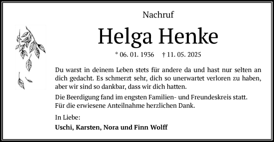 Todesanzeige von Helga Henke von OFHA