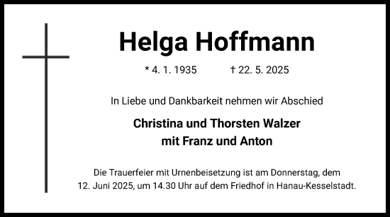 Todesanzeige von Helga Hoffmann von OFHA