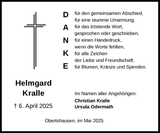 Todesanzeige von Helmgard Kralle von OF