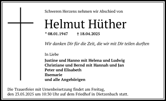 Todesanzeige von Helmut Hüther von OF