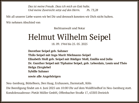 Todesanzeige von Helmut Wilhelm Seipel von OFOP