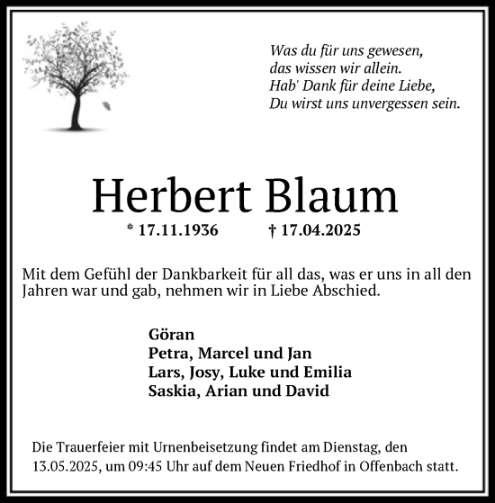Todesanzeige von Herbert Blaum von OF