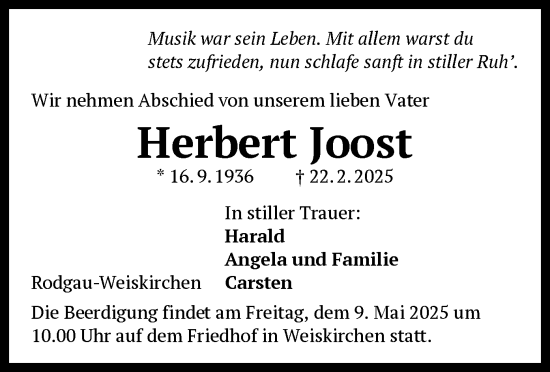 Todesanzeige von Herbert Joost von OF