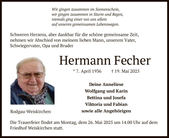 Todesanzeige von Hermann Fecher von OFOP