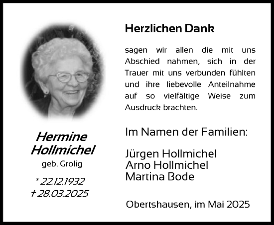 Todesanzeige von Hermine Hollmichel von OFOP