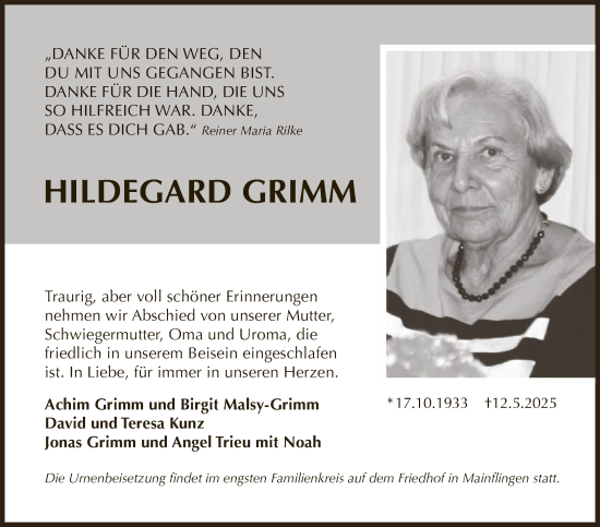 Todesanzeige von Hildegard Grimm von OF0L