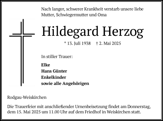 Todesanzeige von Hildegard Herzog von OF