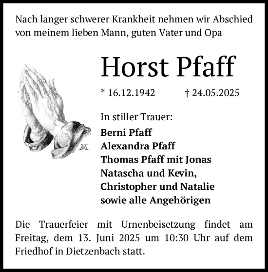 Todesanzeige von Horst Pfaff von OF0L