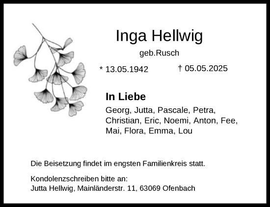 Todesanzeige von Inga Hellwig von OF