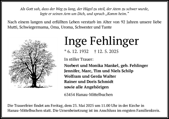 Todesanzeige von Inge Fehlinger von OF