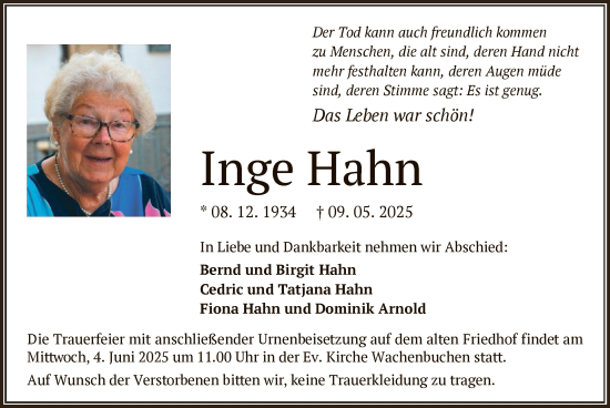 Todesanzeige von Inge Hahn von OFHA