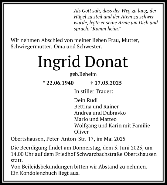 Todesanzeige von Ingrid Donat von OFOP