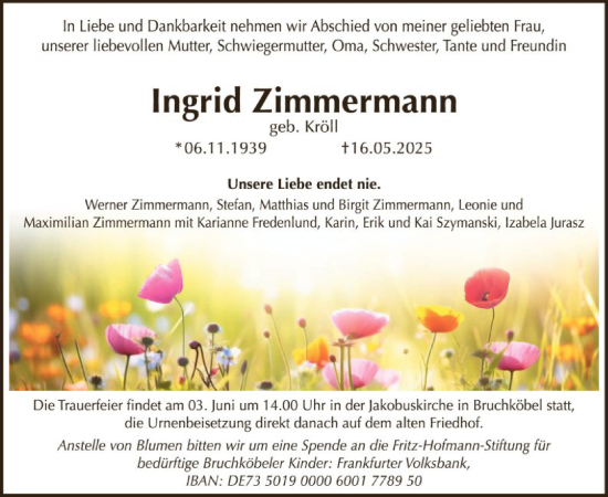 Todesanzeige von Ingrid Zimmermann von OFHA