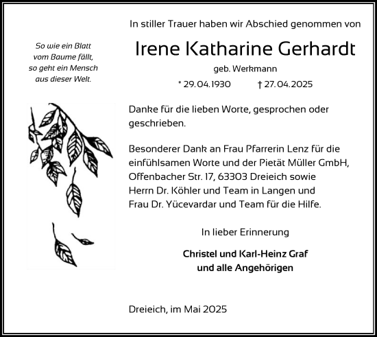 Todesanzeige von Irene  Gerhardt von OFOP