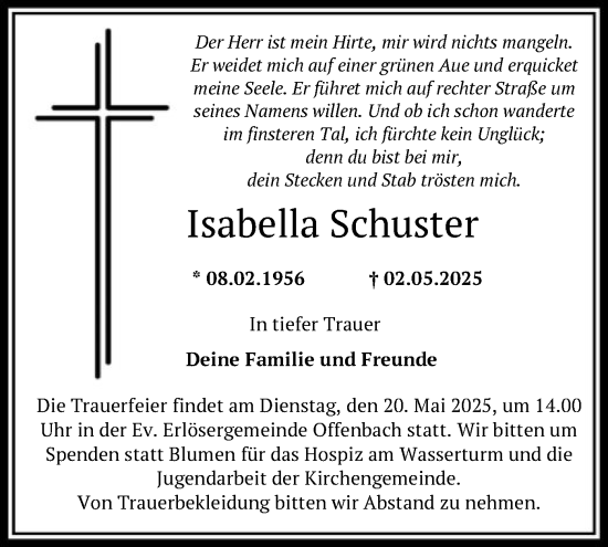 Todesanzeige von Isabella Schuster von OF