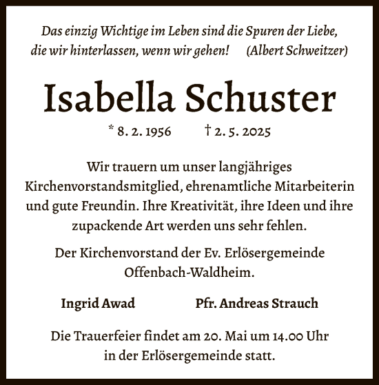 Todesanzeige von Isabella Schuster von OF