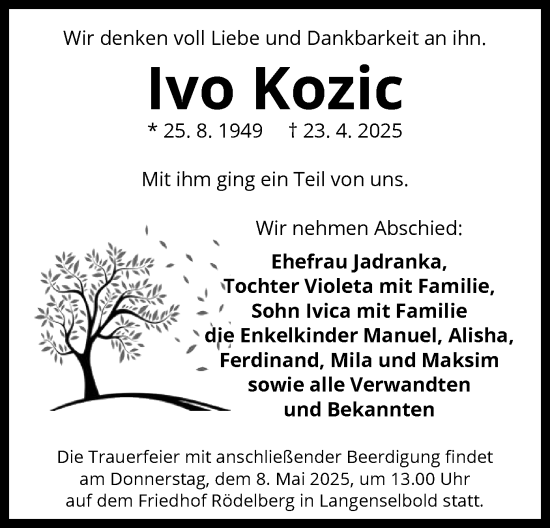 Todesanzeige von Ivo Kozic von OF