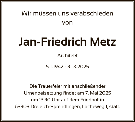 Todesanzeige von Jan-Friedrich Metz von OF