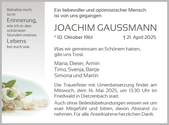 Todesanzeige von Joachim Gaussmann von OF