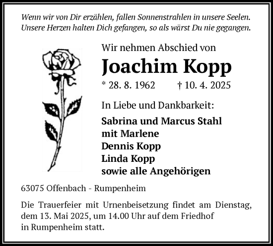 Todesanzeige von Joachim Kopp von OF