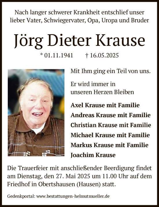 Todesanzeige von Jörg Dieter Krause von OFOP