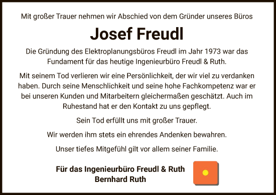 Todesanzeige von Josef Freud von OFHA