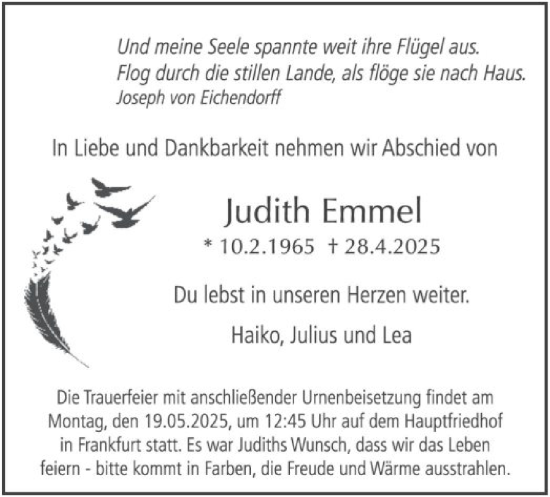 Todesanzeige von Judith Emmel von OF