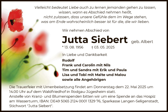 Todesanzeige von Jutta Siebert von OF