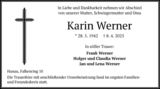 Todesanzeige von Karin Werner von OF