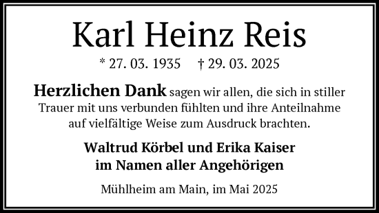 Todesanzeige von Karl Heinz Reis von OF
