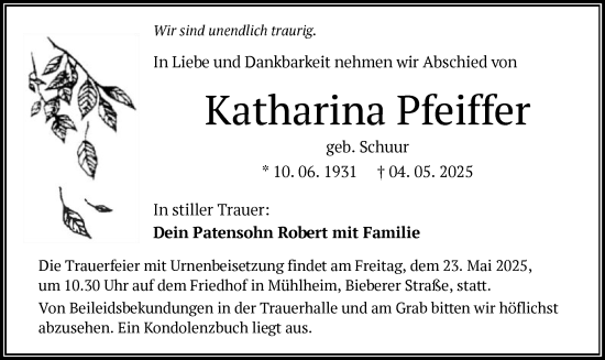 Todesanzeige von Katharina Pfeiffer von OF