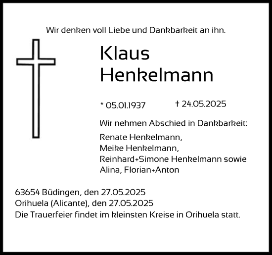 Todesanzeige von Klaus Henkelmann von OFOP
