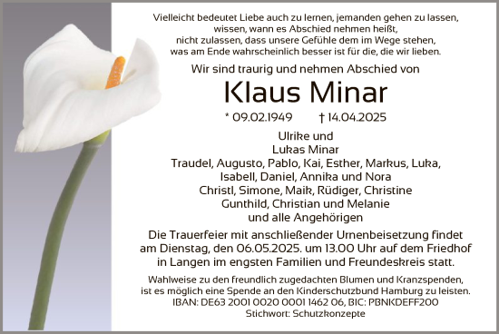 Todesanzeige von Klaus Minar von OF