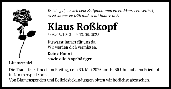 Todesanzeige von Klaus Roßkopf von OFOP
