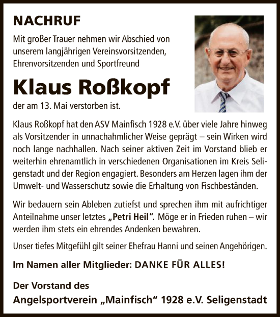 Todesanzeige von Klaus Roßkopf von OFOP