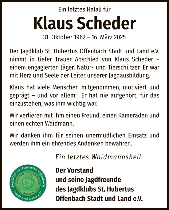 Todesanzeige von Klaus Scheder von OF