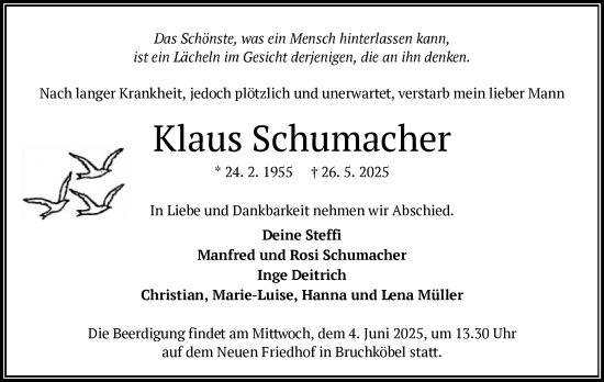 Todesanzeige von Klaus Schumacher von OFHA