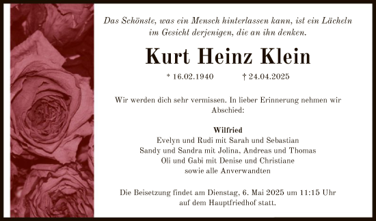 Todesanzeige von Kurt Heinz Klein von OF